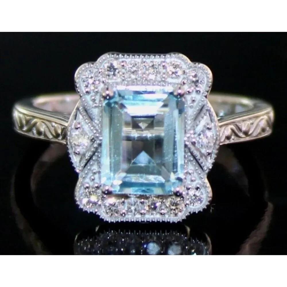 Aquamarine & Diamond Ring- Size 7